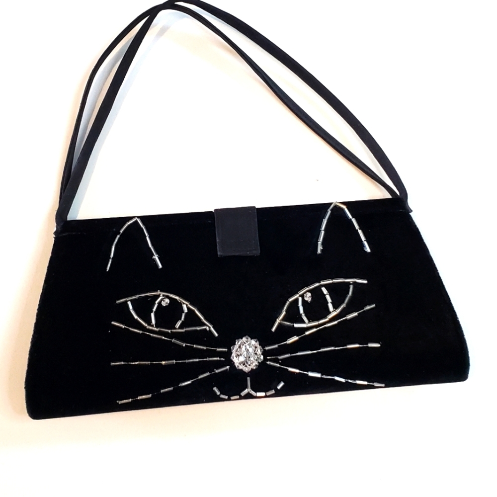Upcycled Hand beaded Black/Silver Kitty Cat Clutch